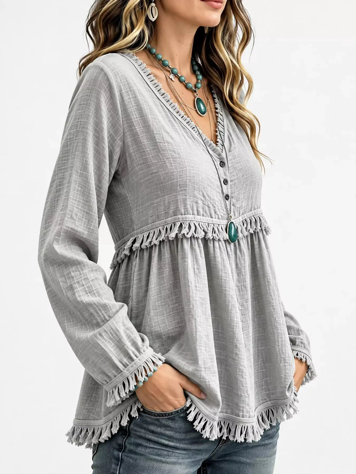 Blue Fringe Trim V-Neck Long Sleeve Babydoll Blouse - Bitsy Gypsy Boutique