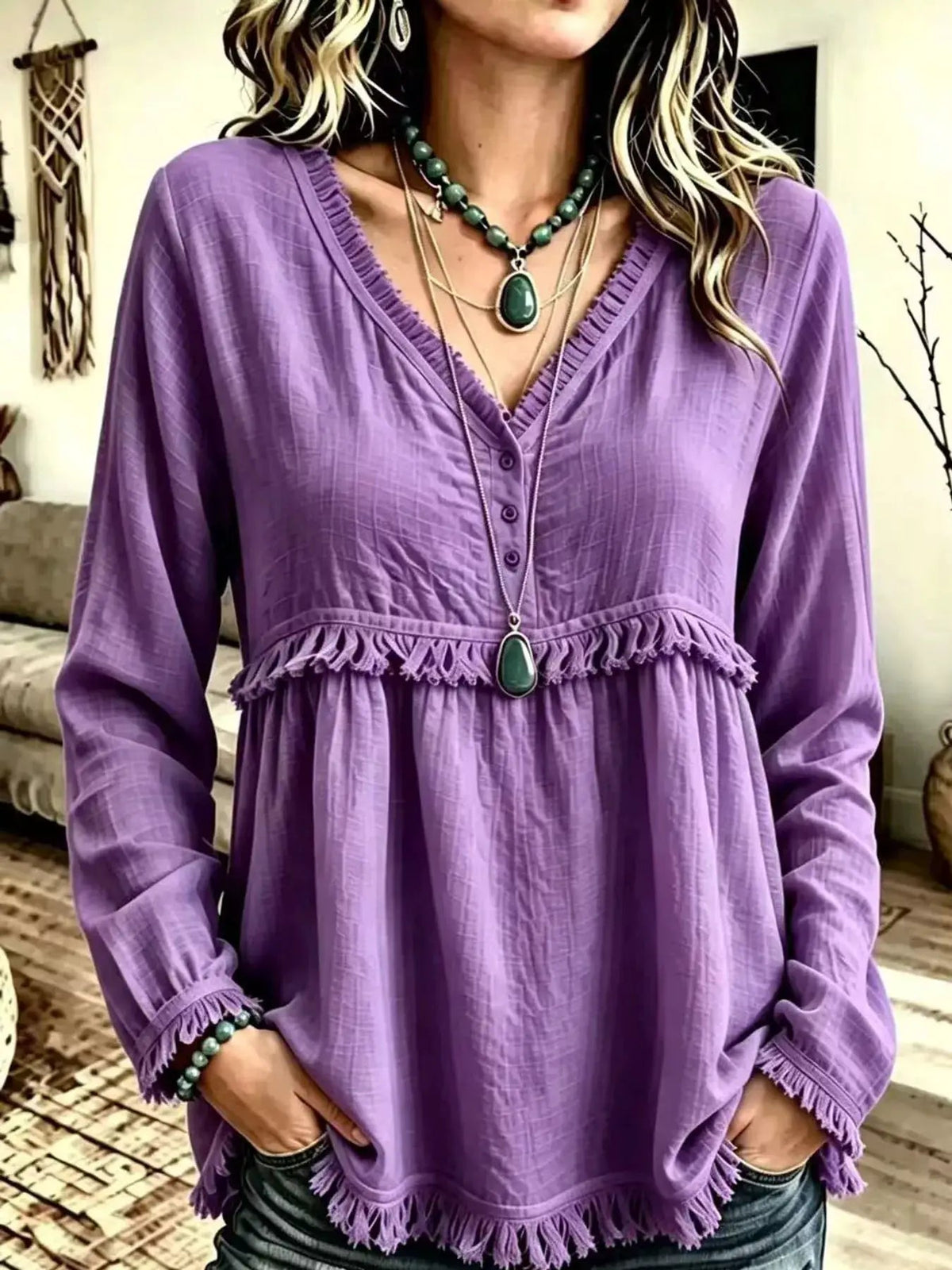 Blue Fringe Trim V-Neck Long Sleeve Babydoll Blouse - Bitsy Gypsy Boutique