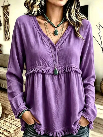 Blue Fringe Trim V-Neck Long Sleeve Babydoll Blouse - Bitsy Gypsy Boutique
