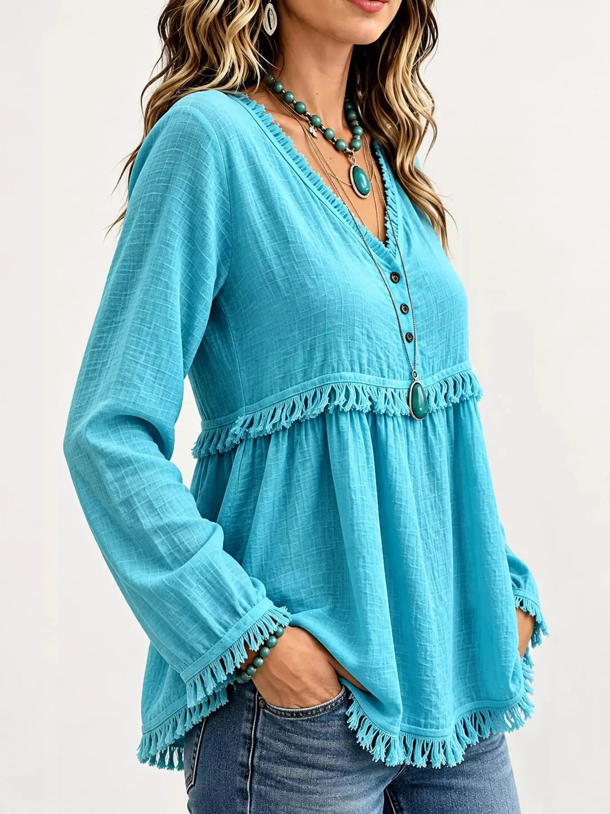 Blue Fringe Trim V-Neck Long Sleeve Babydoll Blouse - Bitsy Gypsy Boutique