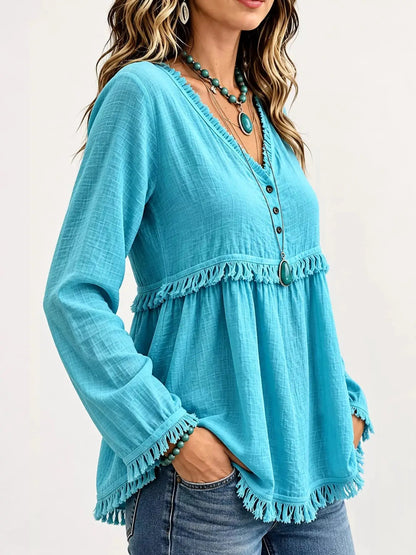 Blue Fringe Trim V-Neck Long Sleeve Babydoll Blouse - Bitsy Gypsy Boutique