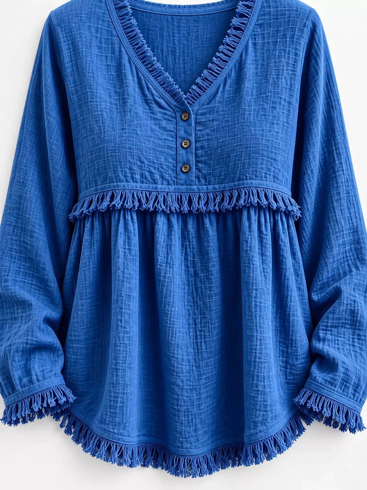 Blue Fringe Trim V-Neck Long Sleeve Babydoll Blouse - Bitsy Gypsy Boutique