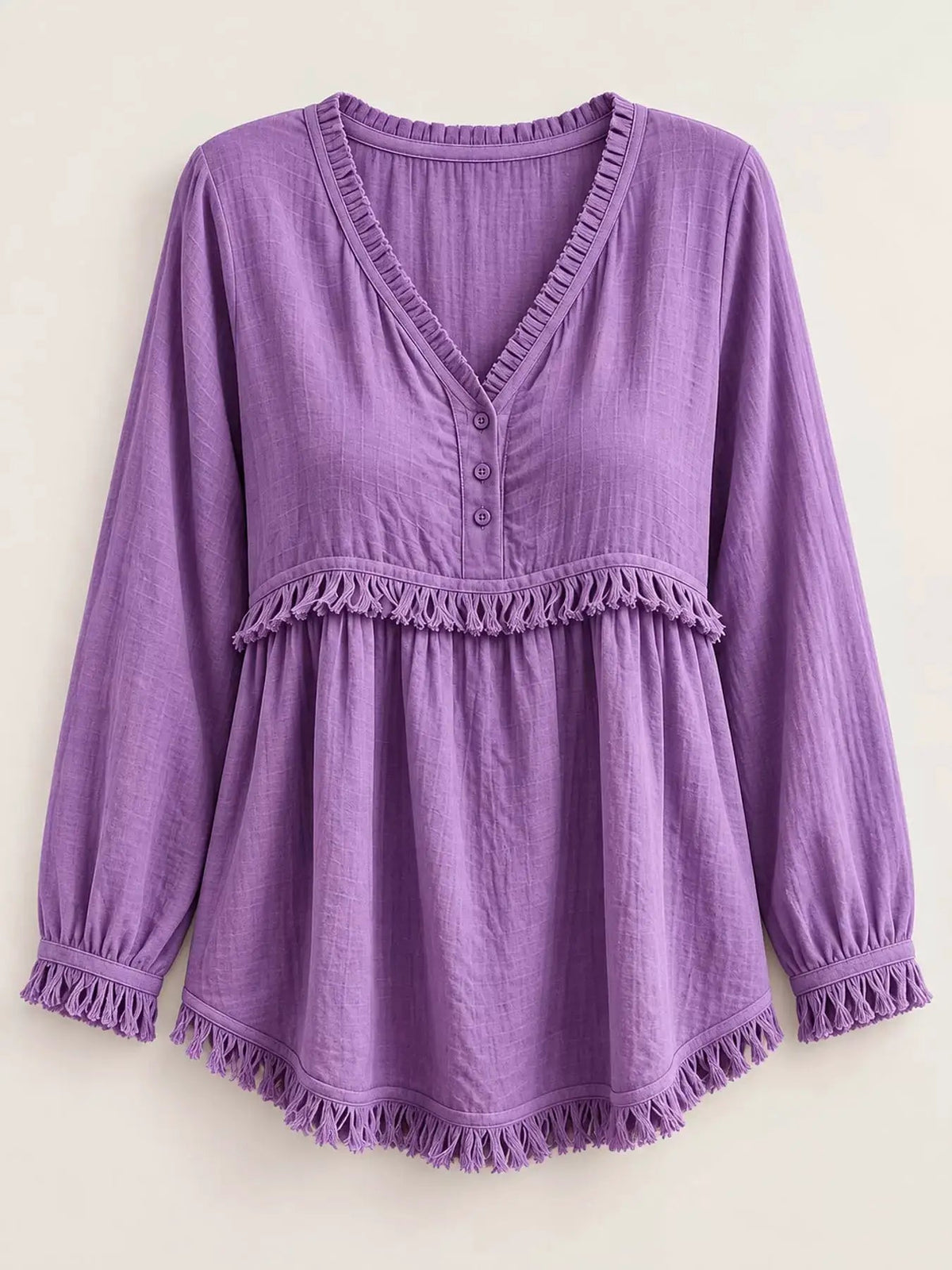 Blue Fringe Trim V-Neck Long Sleeve Babydoll Blouse - Bitsy Gypsy Boutique