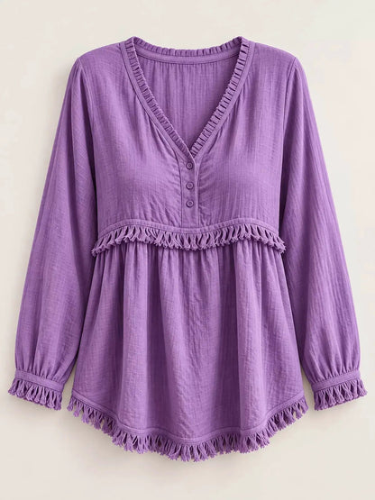 Blue Fringe Trim V-Neck Long Sleeve Babydoll Blouse - Bitsy Gypsy Boutique