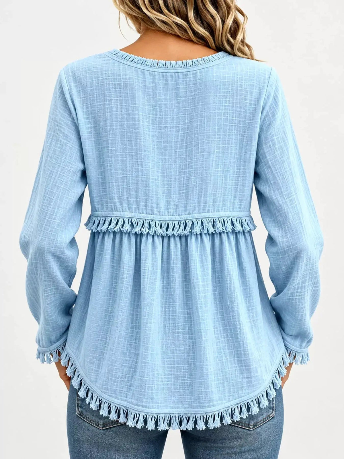 Blue Fringe Trim V-Neck Long Sleeve Babydoll Blouse - Bitsy Gypsy Boutique