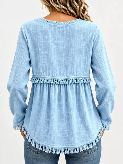 Blue Fringe Trim V-Neck Long Sleeve Babydoll Blouse - Bitsy Gypsy Boutique