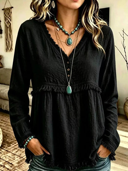 Blue Fringe Trim V-Neck Long Sleeve Babydoll Blouse - Bitsy Gypsy Boutique