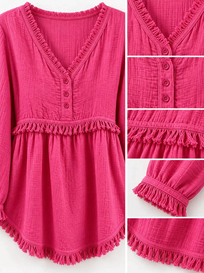 Blue Fringe Trim V-Neck Long Sleeve Babydoll Blouse - Bitsy Gypsy Boutique
