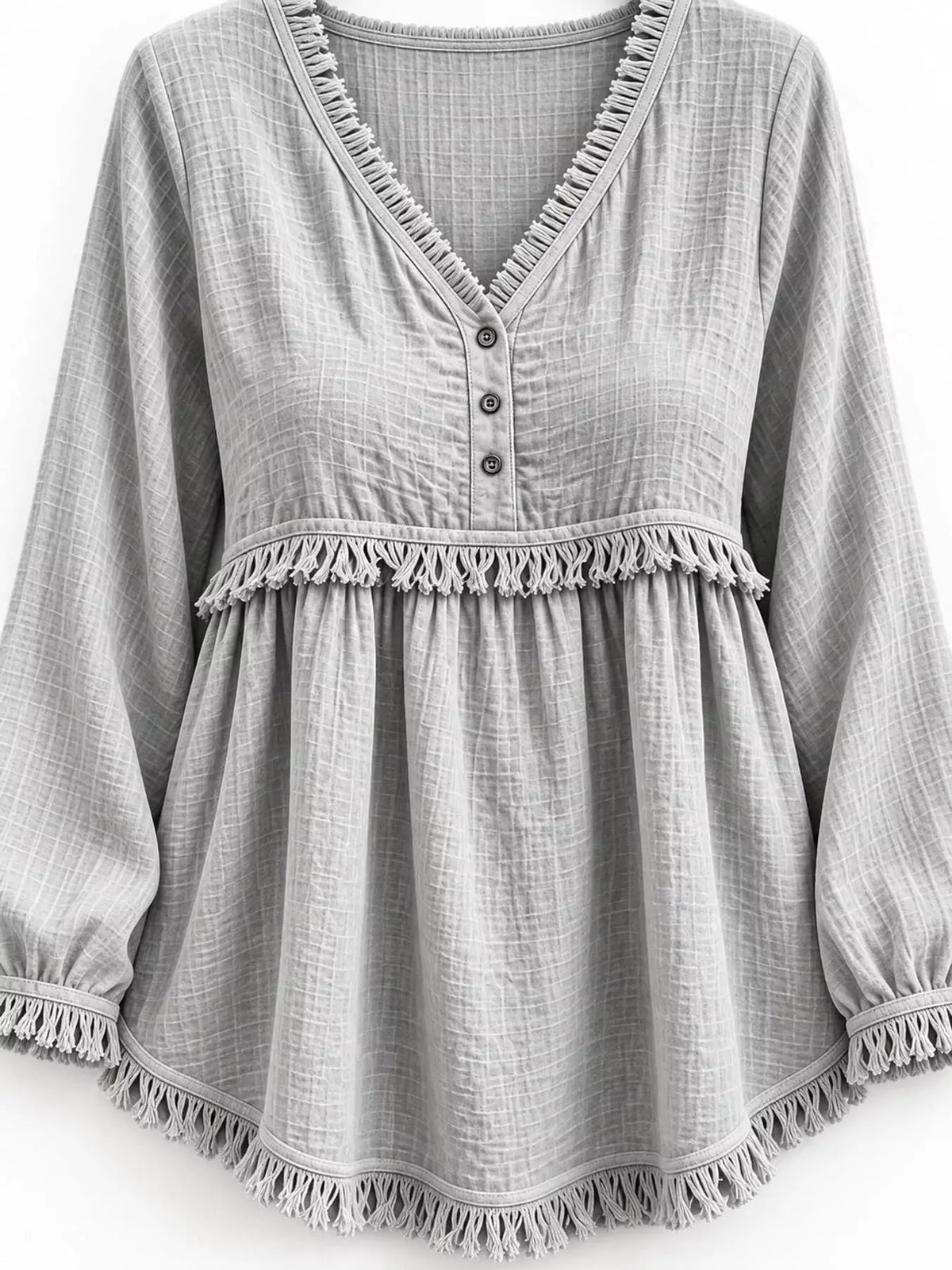 Blue Fringe Trim V-Neck Long Sleeve Babydoll Blouse - Bitsy Gypsy Boutique