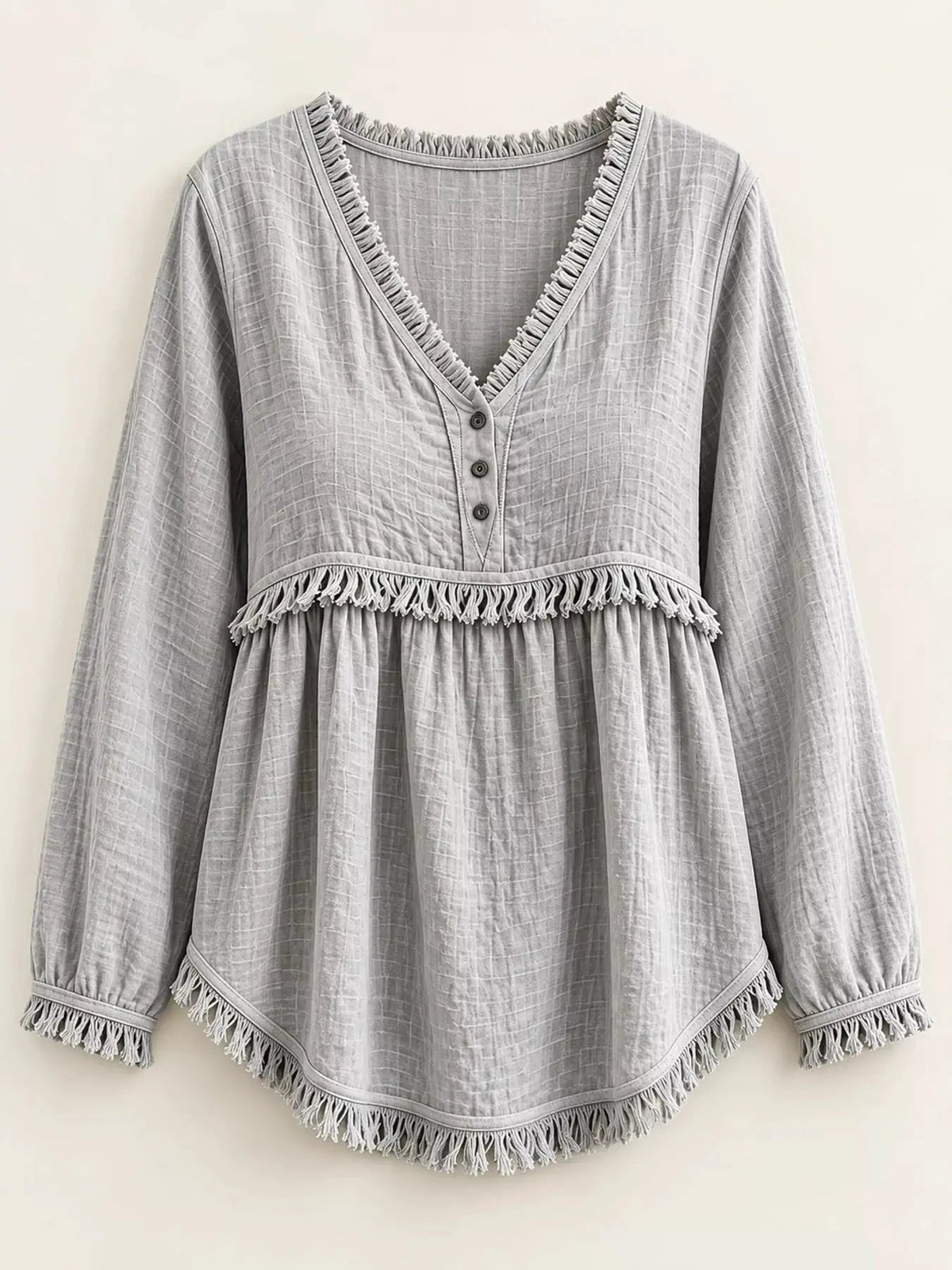 Blue Fringe Trim V-Neck Long Sleeve Babydoll Blouse - Bitsy Gypsy Boutique