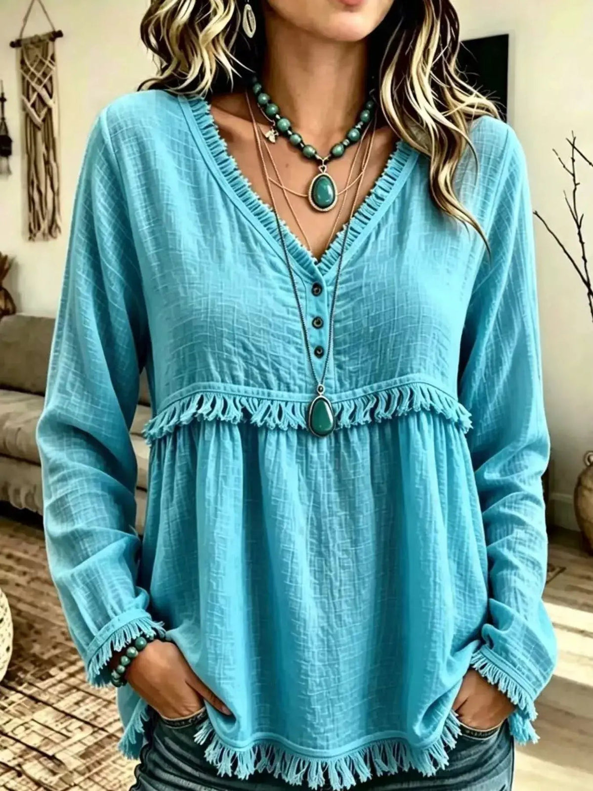 Blue Fringe Trim V-Neck Long Sleeve Babydoll Blouse - Bitsy Gypsy Boutique