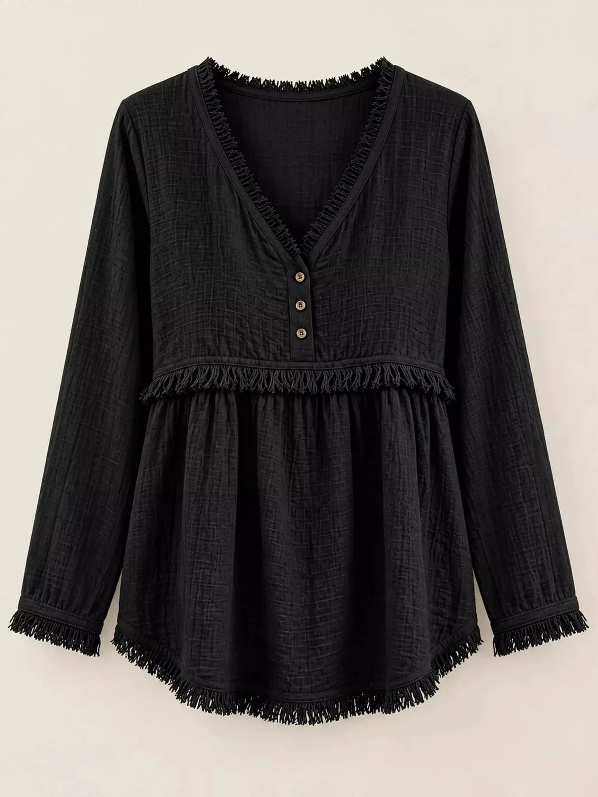 Blue Fringe Trim V-Neck Long Sleeve Babydoll Blouse - Bitsy Gypsy Boutique