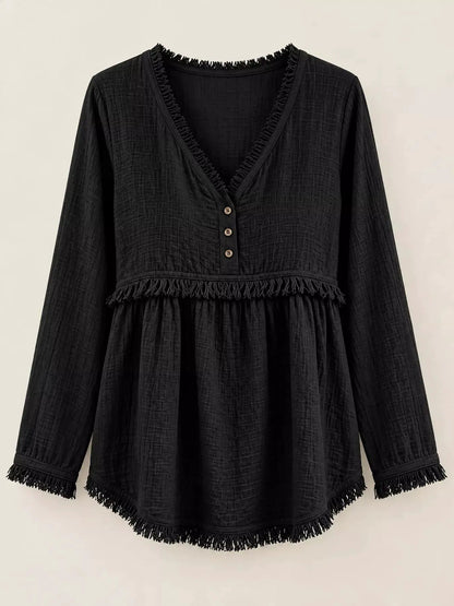 Blue Fringe Trim V-Neck Long Sleeve Babydoll Blouse - Bitsy Gypsy Boutique