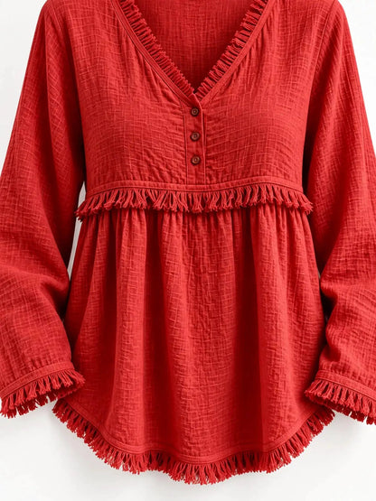 Blue Fringe Trim V-Neck Long Sleeve Babydoll Blouse - Bitsy Gypsy Boutique