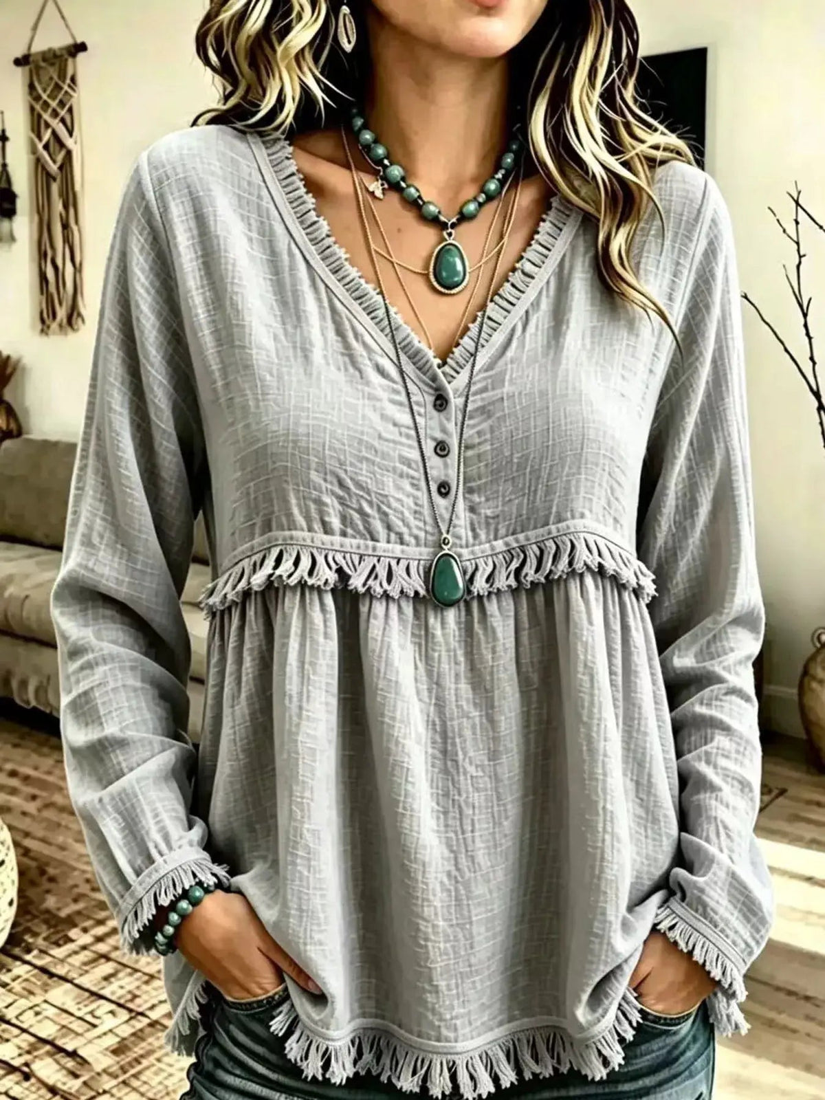 Blue Fringe Trim V-Neck Long Sleeve Babydoll Blouse - Bitsy Gypsy Boutique