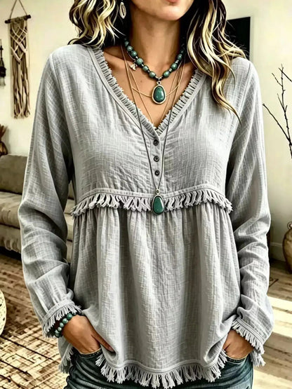 Blue Fringe Trim V-Neck Long Sleeve Babydoll Blouse - Bitsy Gypsy Boutique