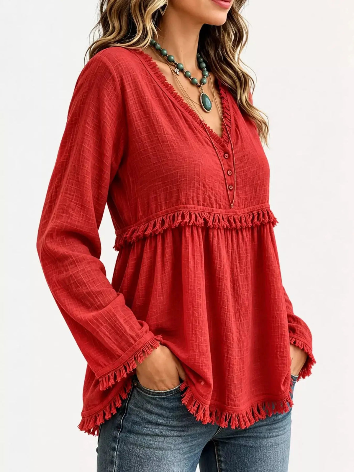 Blue Fringe Trim V-Neck Long Sleeve Babydoll Blouse - Bitsy Gypsy Boutique