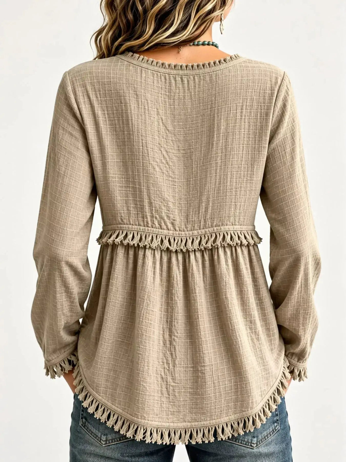 Blue Fringe Trim V-Neck Long Sleeve Babydoll Blouse - Bitsy Gypsy Boutique