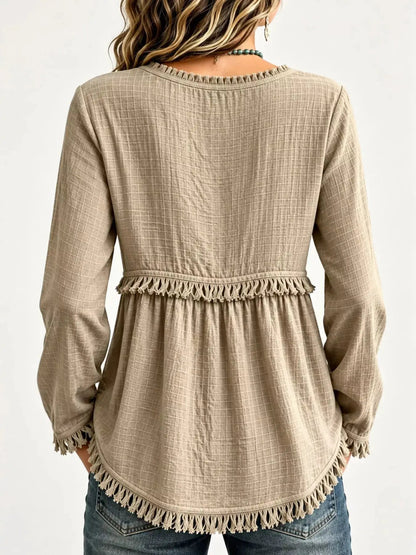 Blue Fringe Trim V-Neck Long Sleeve Babydoll Blouse - Bitsy Gypsy Boutique