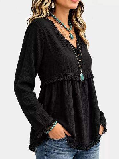 Blue Fringe Trim V-Neck Long Sleeve Babydoll Blouse - Bitsy Gypsy Boutique