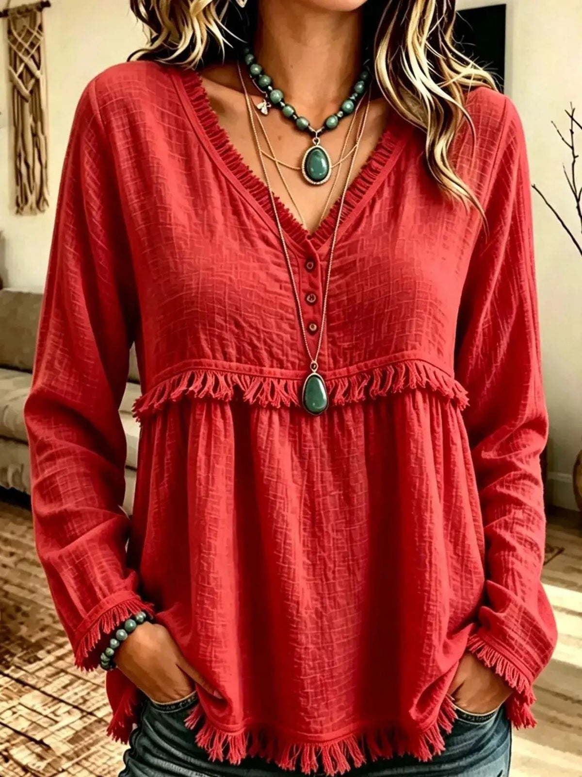 Blue Fringe Trim V-Neck Long Sleeve Babydoll Blouse - Bitsy Gypsy Boutique