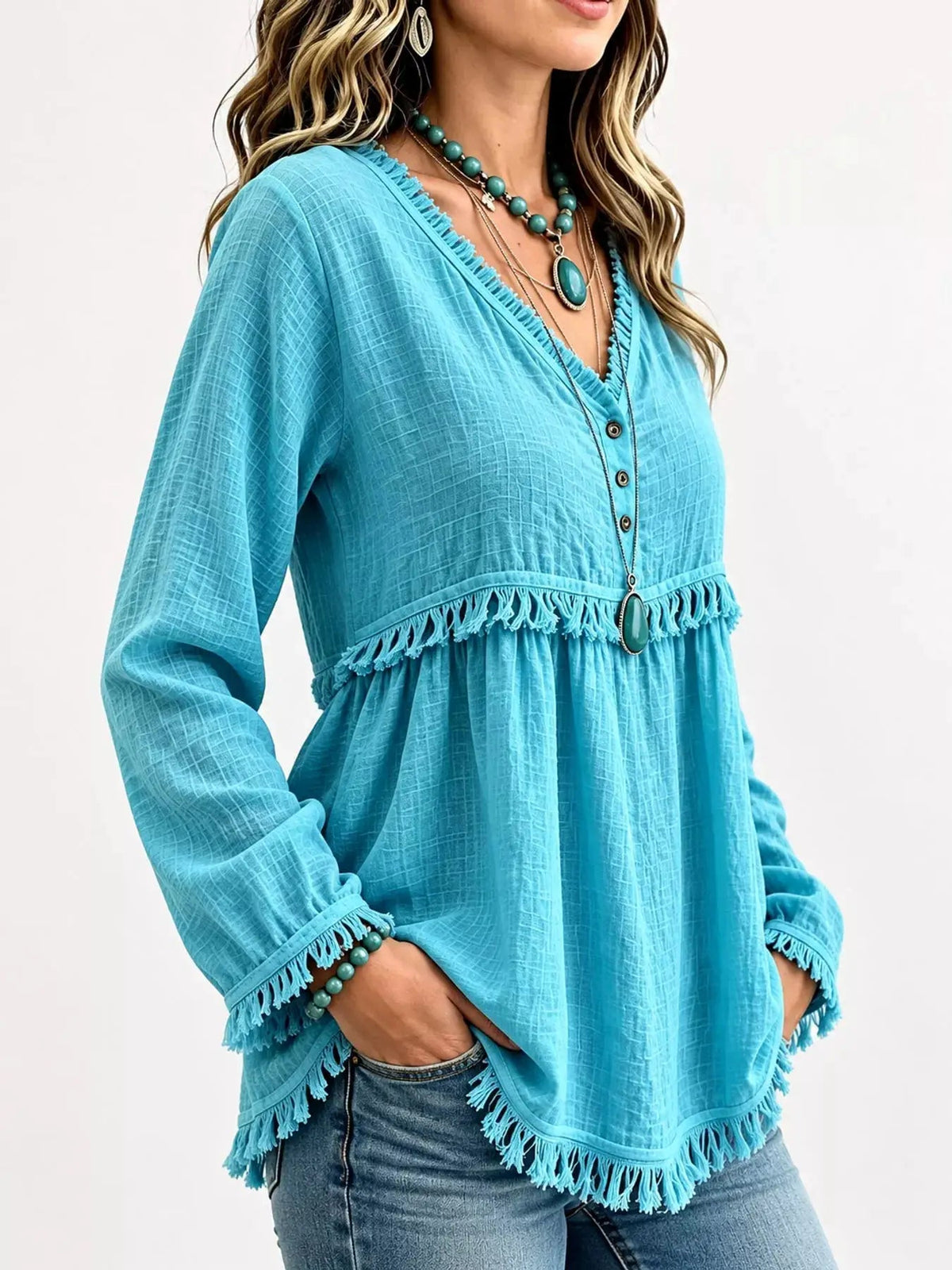 Blue Fringe Trim V-Neck Long Sleeve Babydoll Blouse - Bitsy Gypsy Boutique