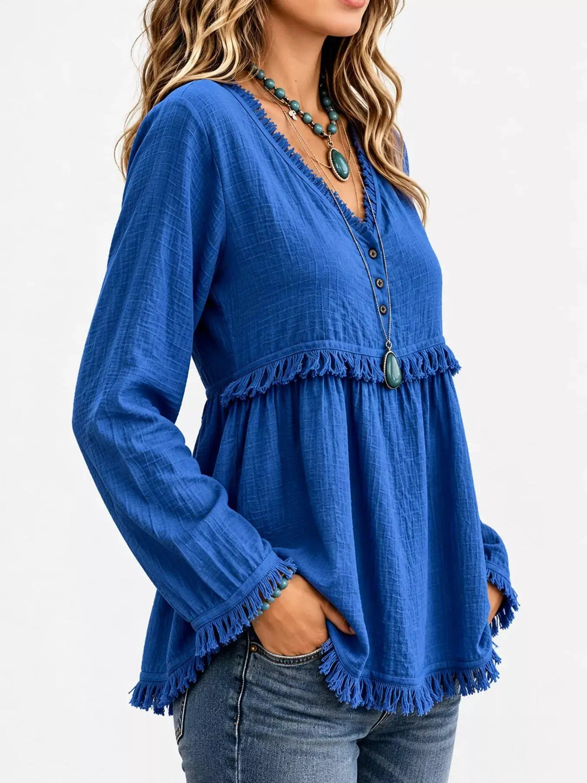 Blue Fringe Trim V-Neck Long Sleeve Babydoll Blouse - Bitsy Gypsy Boutique