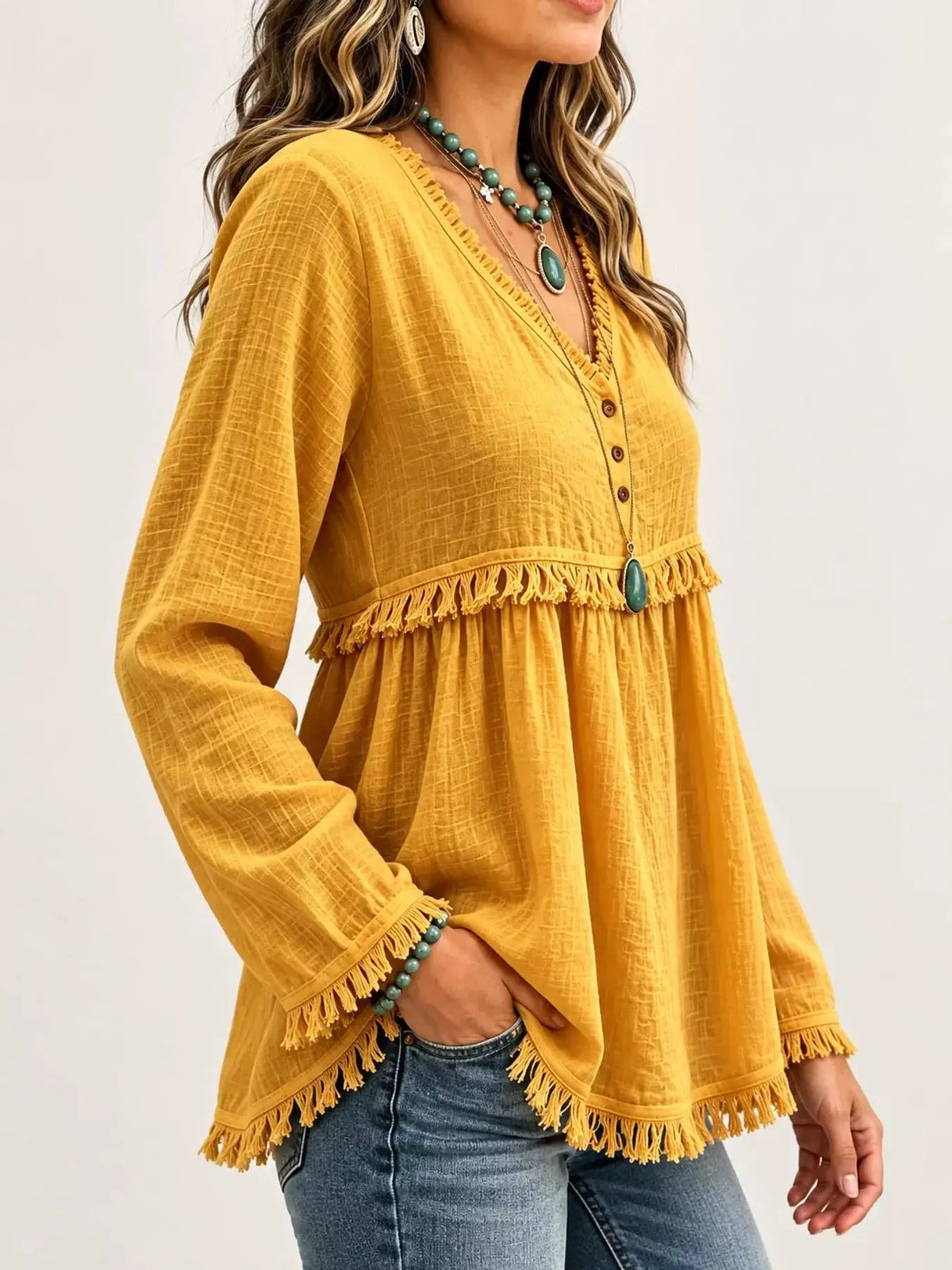 Blue Fringe Trim V-Neck Long Sleeve Babydoll Blouse - Bitsy Gypsy Boutique