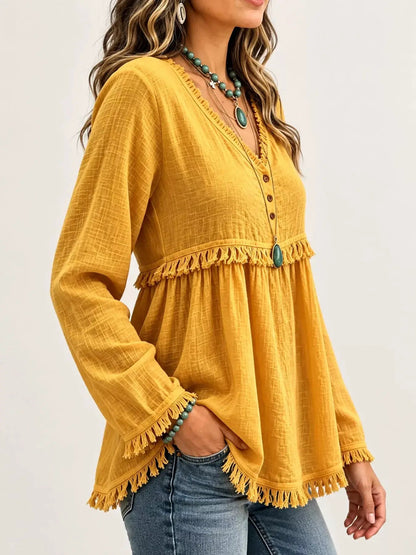 Blue Fringe Trim V-Neck Long Sleeve Babydoll Blouse - Bitsy Gypsy Boutique