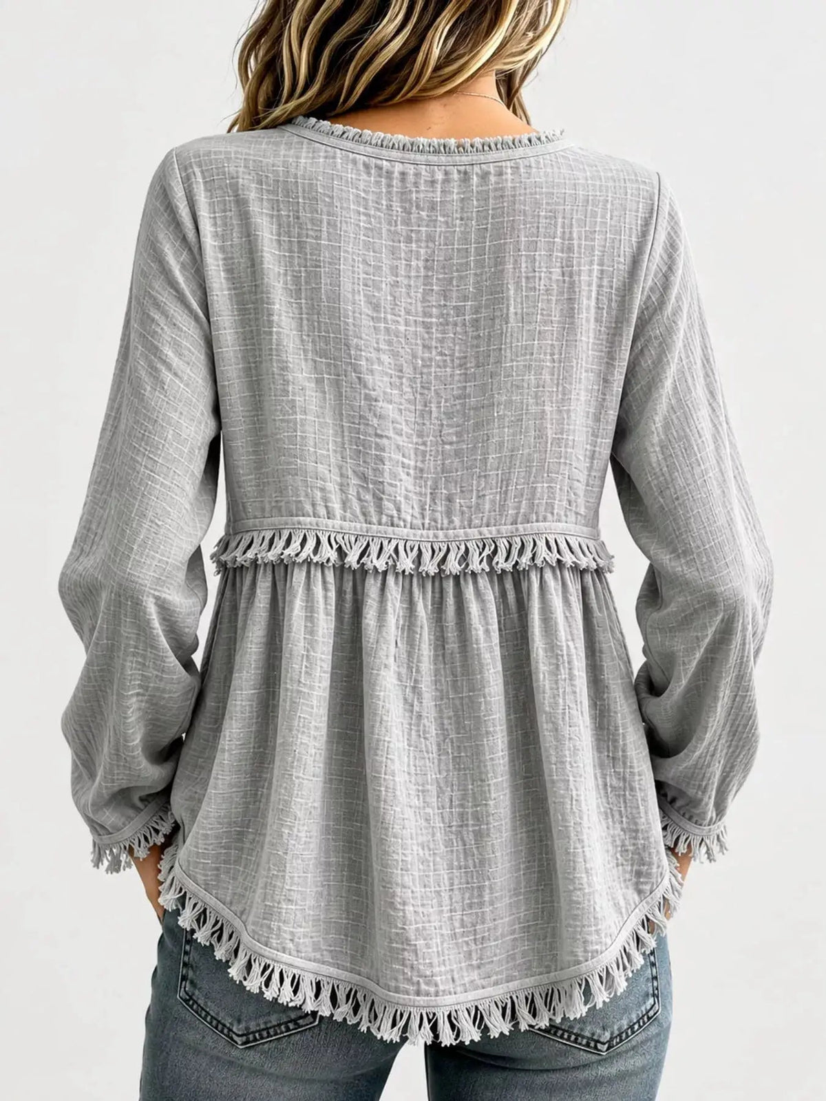 Blue Fringe Trim V-Neck Long Sleeve Babydoll Blouse - Bitsy Gypsy Boutique