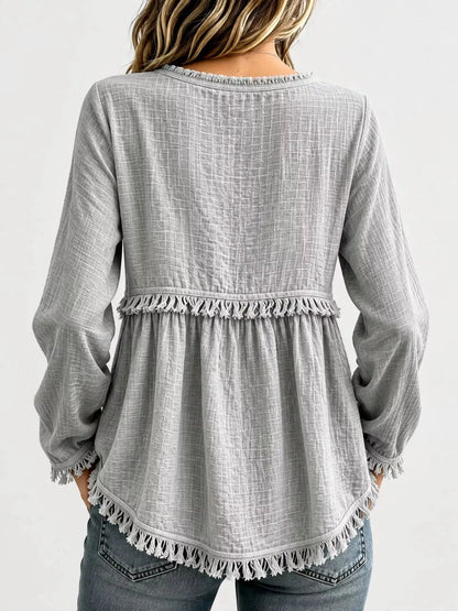 Blue Fringe Trim V-Neck Long Sleeve Babydoll Blouse - Bitsy Gypsy Boutique