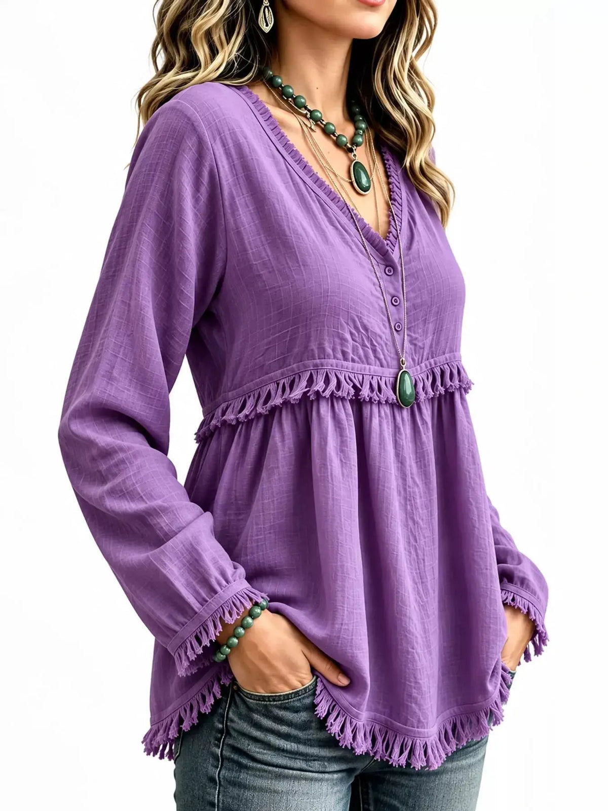 Blue Fringe Trim V-Neck Long Sleeve Babydoll Blouse - Bitsy Gypsy Boutique