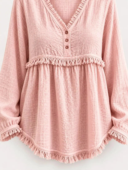 Blue Fringe Trim V-Neck Long Sleeve Babydoll Blouse - Bitsy Gypsy Boutique