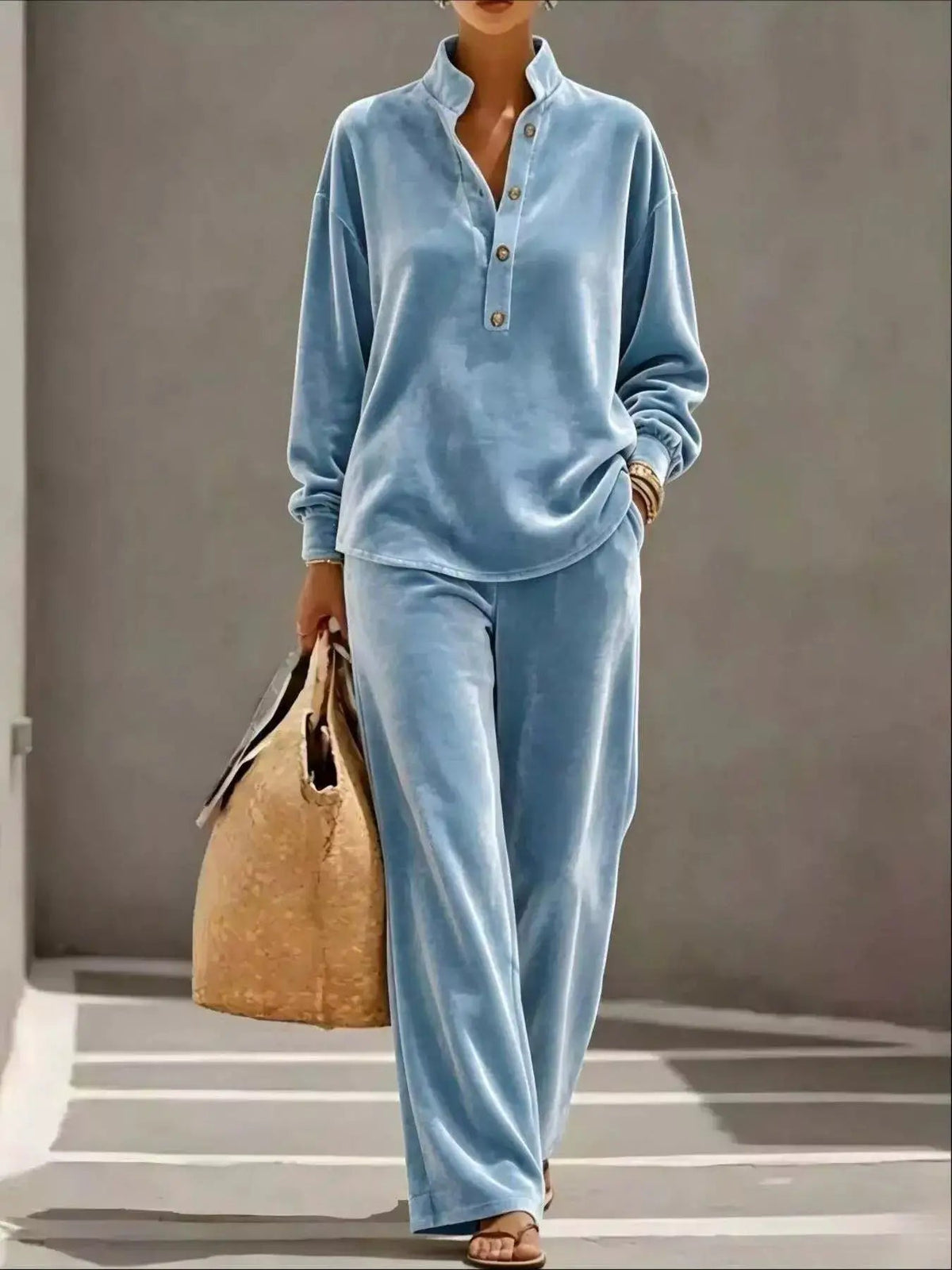 Blue Half Button Long Sleeve Wide Leg Two-Piece Set - Bitsy Gypsy Boutique