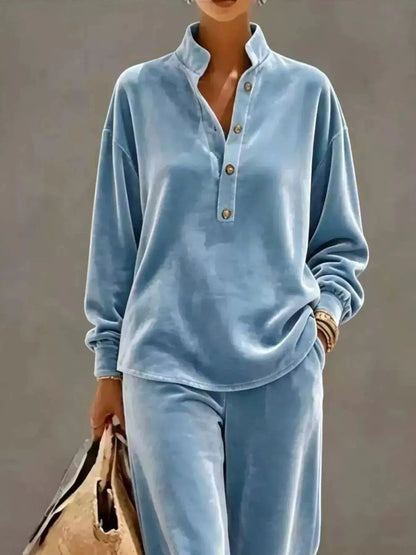 Blue Half Button Long Sleeve Wide Leg Two-Piece Set - Bitsy Gypsy Boutique