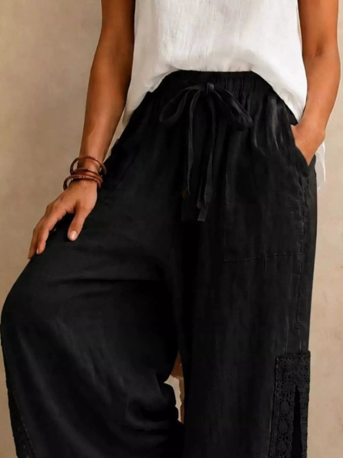 Blue Lace Detail Slit Tassel Drawstring Wide Leg Pants - Bitsy Gypsy Boutique