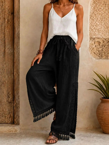 Blue Lace Detail Slit Tassel Drawstring Wide Leg Pants - Bitsy Gypsy Boutique