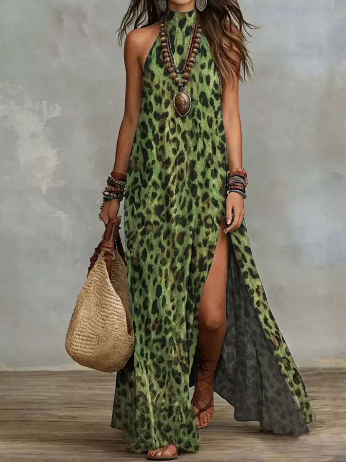 Blue Leopard Print Sleeveless Maxi Dress With Side Slit - Bitsy Gypsy Boutique