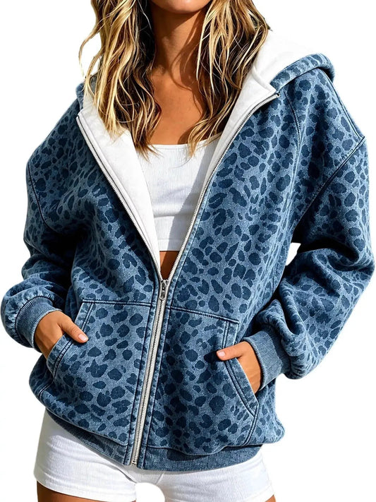 Blue Leopard Print Zip Up Hoodie Long Sleeve Pocketed - Bitsy Gypsy Boutique