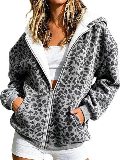 Blue Leopard Print Zip Up Hoodie Long Sleeve Pocketed - Bitsy Gypsy Boutique