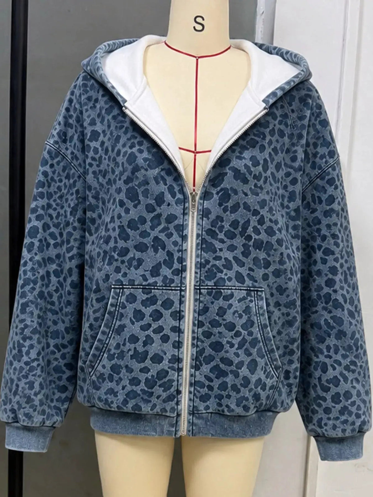 Blue Leopard Print Zip Up Hoodie Long Sleeve Pocketed - Bitsy Gypsy Boutique