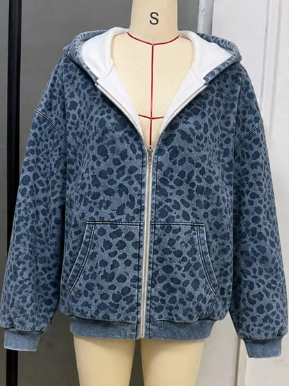 Blue Leopard Print Zip Up Hoodie Long Sleeve Pocketed - Bitsy Gypsy Boutique