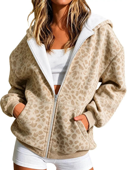 Blue Leopard Print Zip Up Hoodie Long Sleeve Pocketed - Bitsy Gypsy Boutique