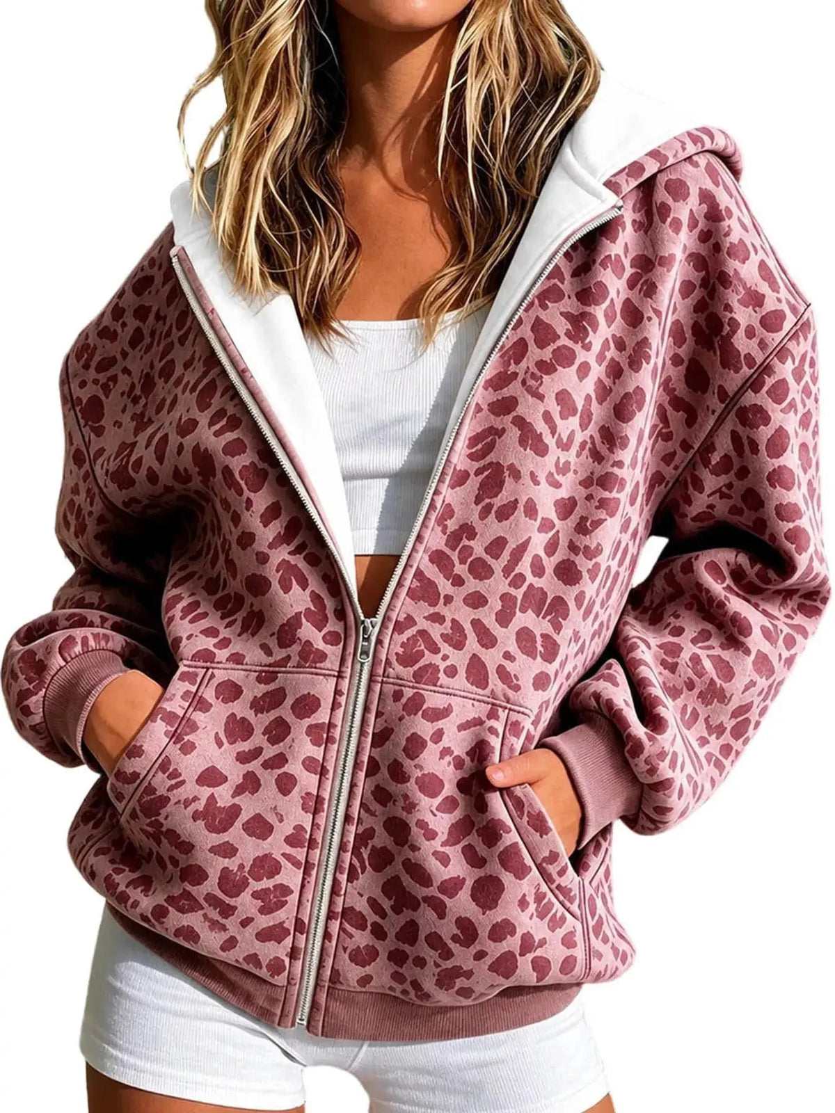 Blue Leopard Print Zip Up Hoodie Long Sleeve Pocketed - Bitsy Gypsy Boutique