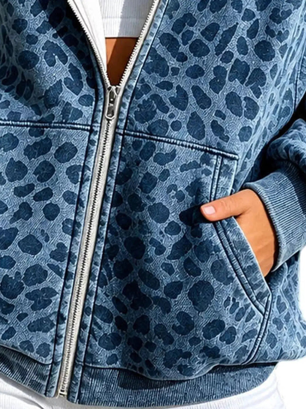 Blue Leopard Print Zip Up Hoodie Long Sleeve Pocketed - Bitsy Gypsy Boutique