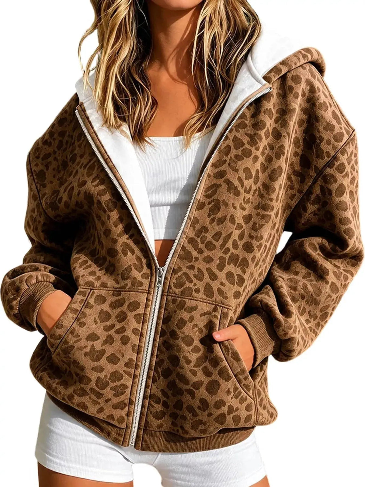 Blue Leopard Print Zip Up Hoodie Long Sleeve Pocketed - Bitsy Gypsy Boutique