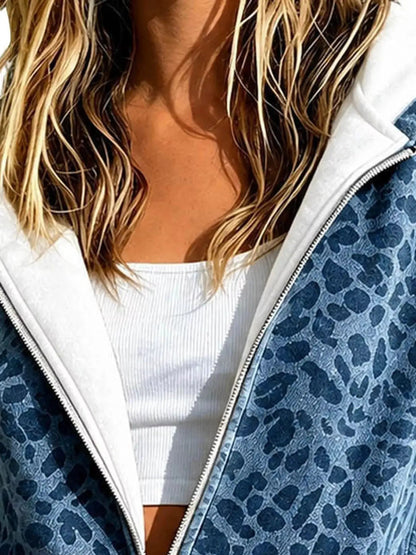 Blue Leopard Print Zip Up Hoodie Long Sleeve Pocketed - Bitsy Gypsy Boutique