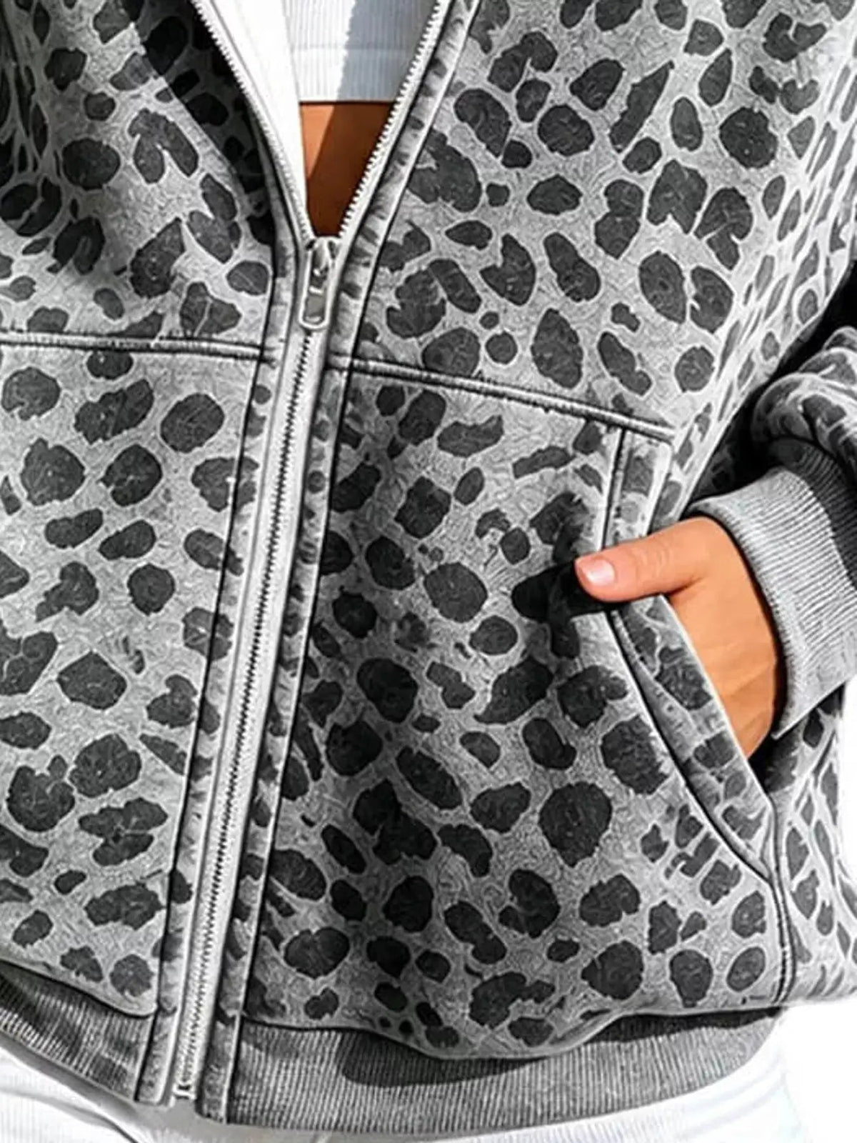 Blue Leopard Print Zip Up Hoodie Long Sleeve Pocketed - Bitsy Gypsy Boutique