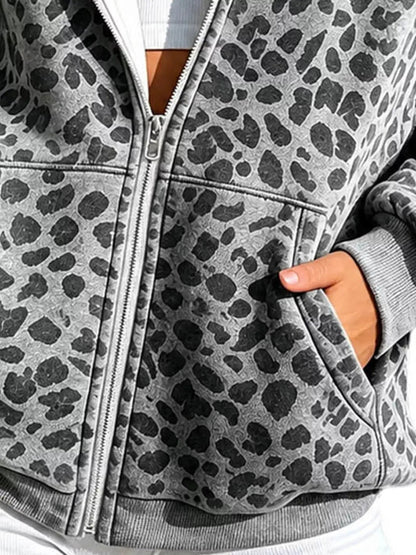 Blue Leopard Print Zip Up Hoodie Long Sleeve Pocketed - Bitsy Gypsy Boutique