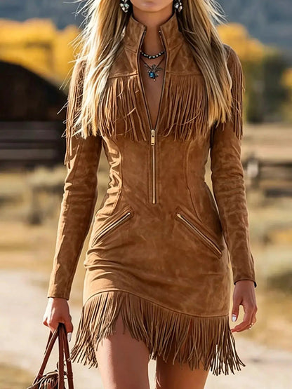 Blue Long Sleeve Fringed Zip Front Mini Dress - Bitsy Gypsy Boutique